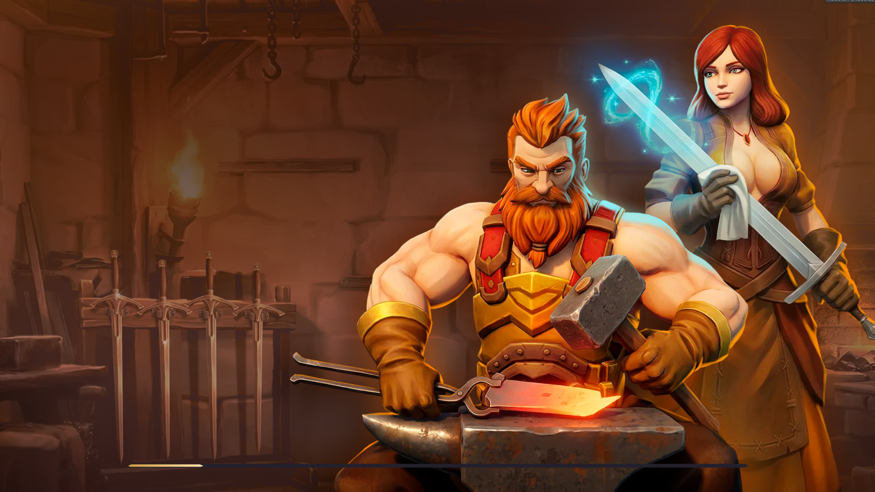 A dwarf blacksmith forging a glowing blade alongside an enchantress with a magical sword