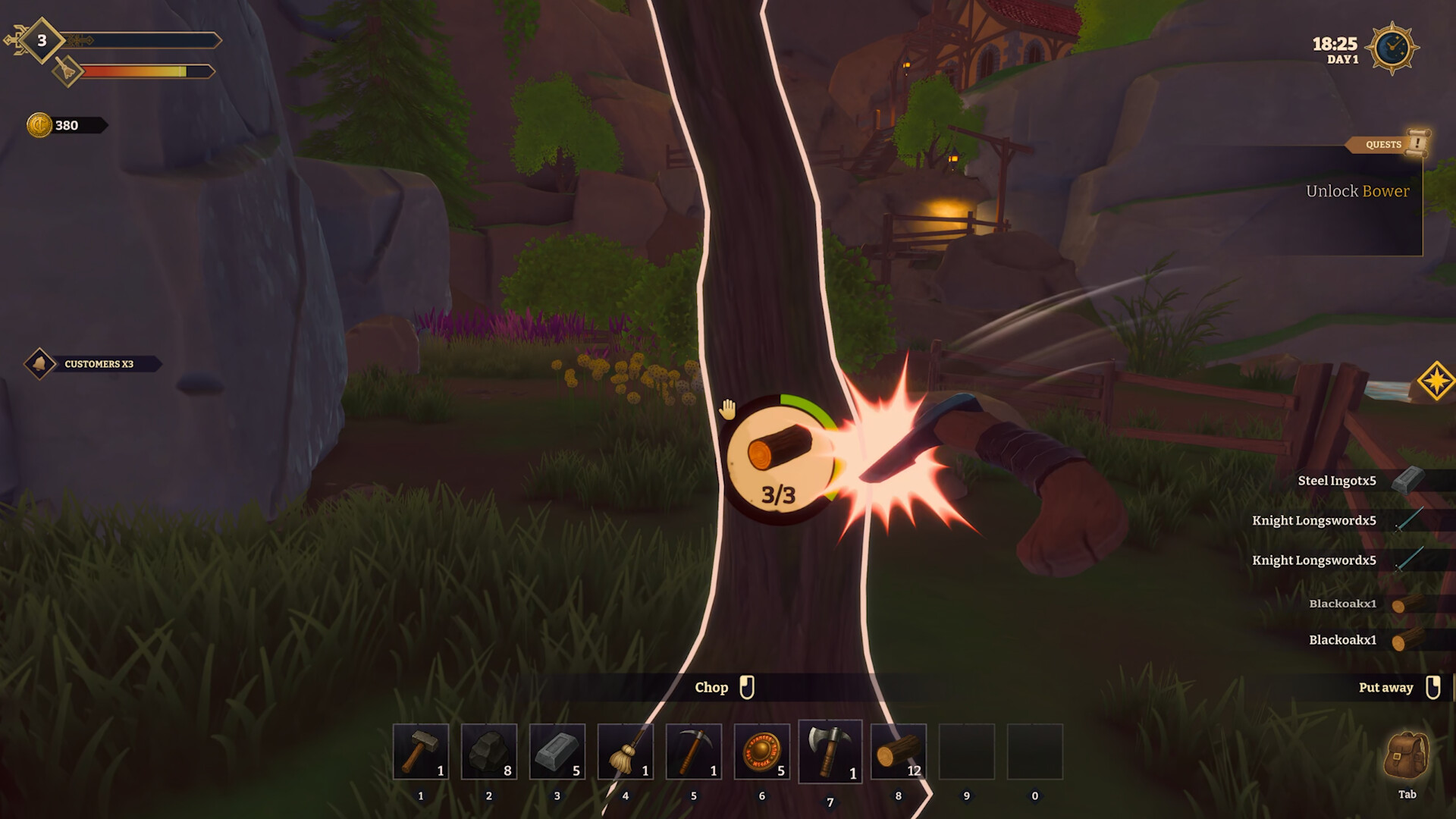 Chopping wood in a rocky forest clearing