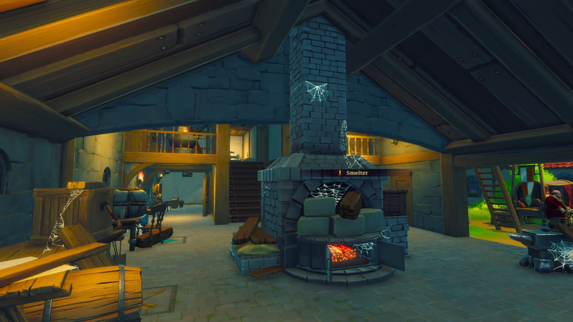 An old workshop with a glowing smelter and cobwebs