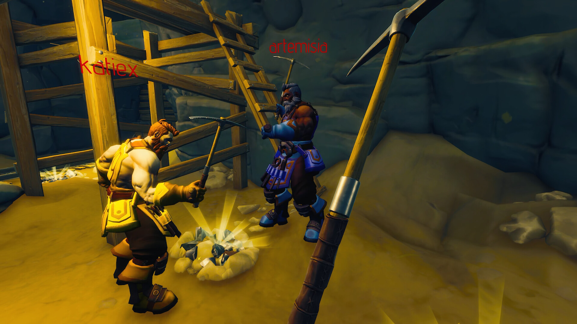 Co-op players mining ore together with pickaxes