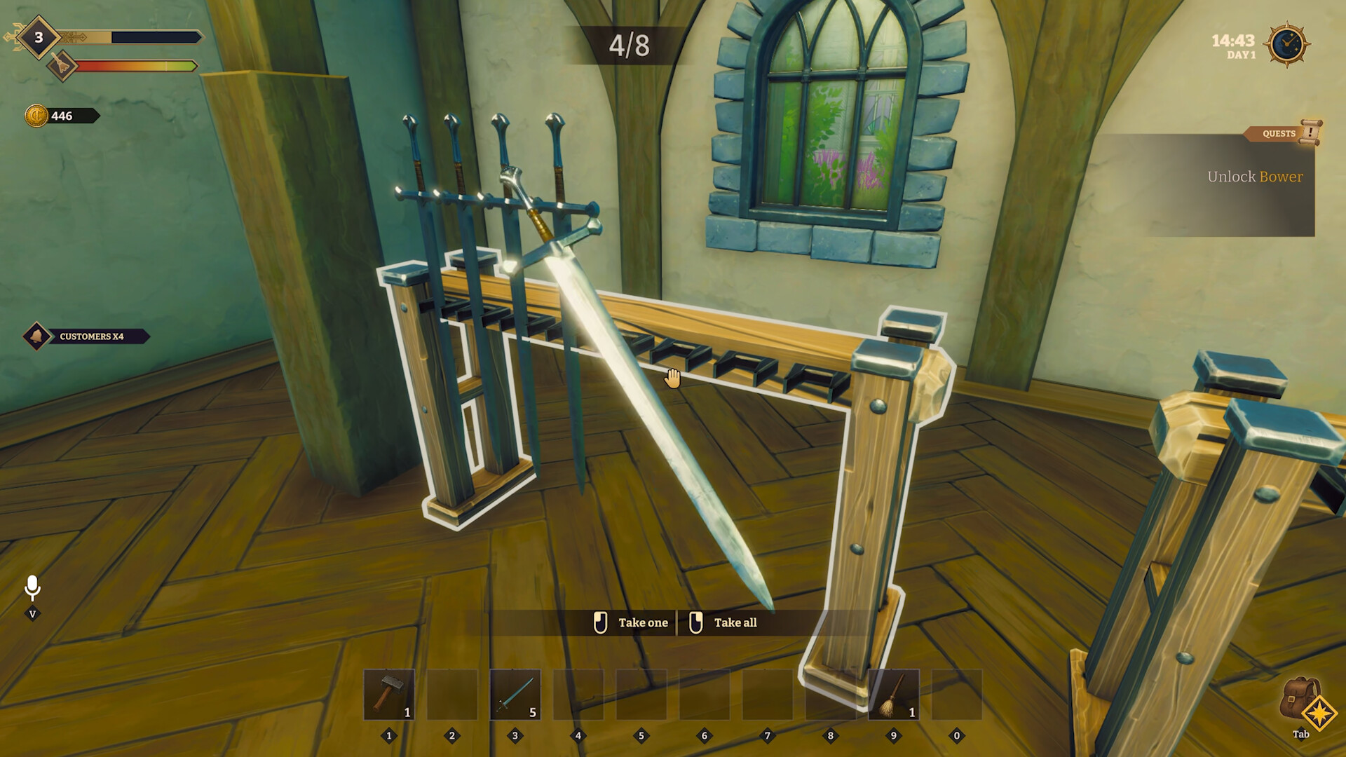 Placing finished longswords on a wooden weapon rack