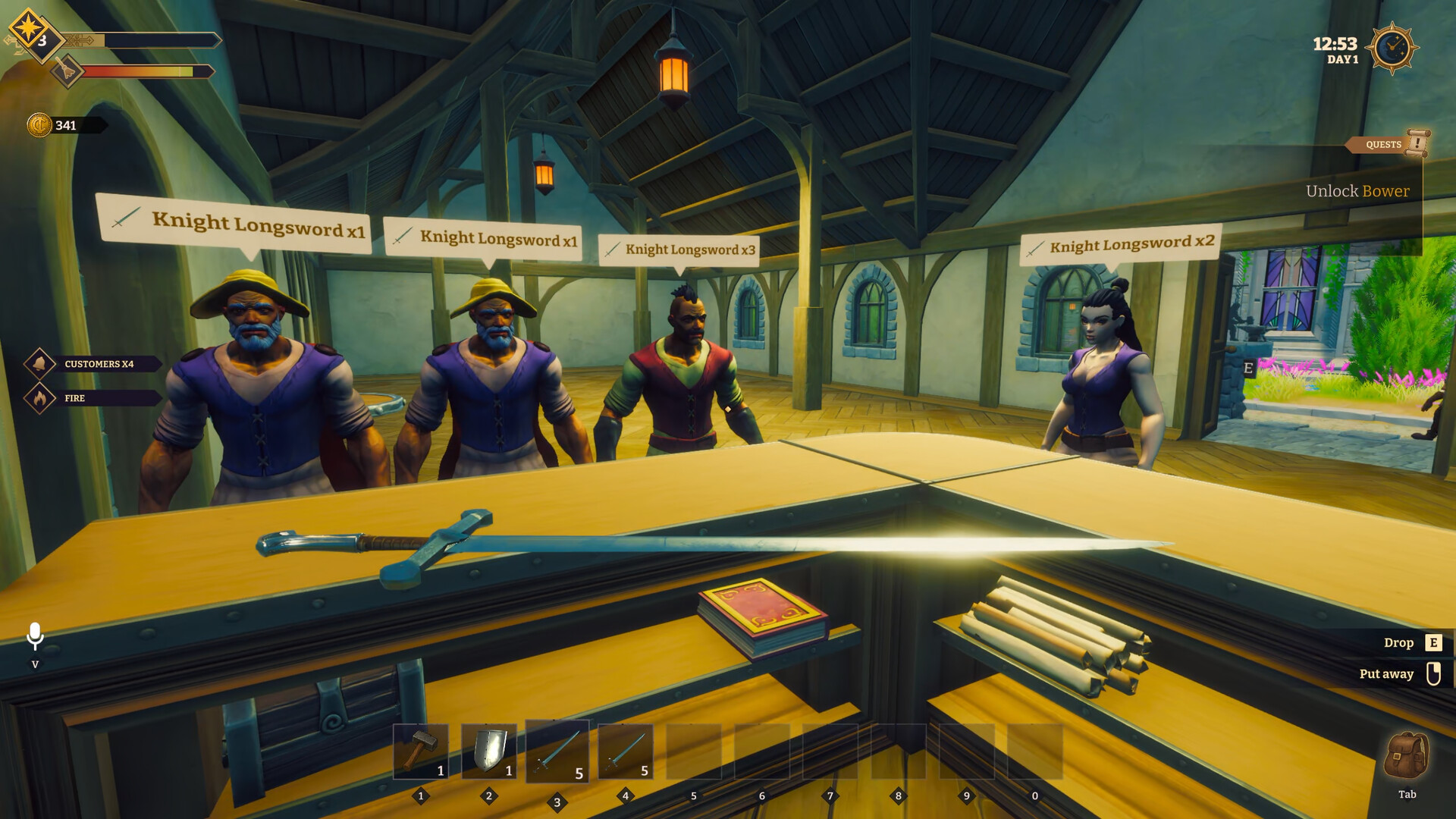 Customers waiting at the counter to buy longswords