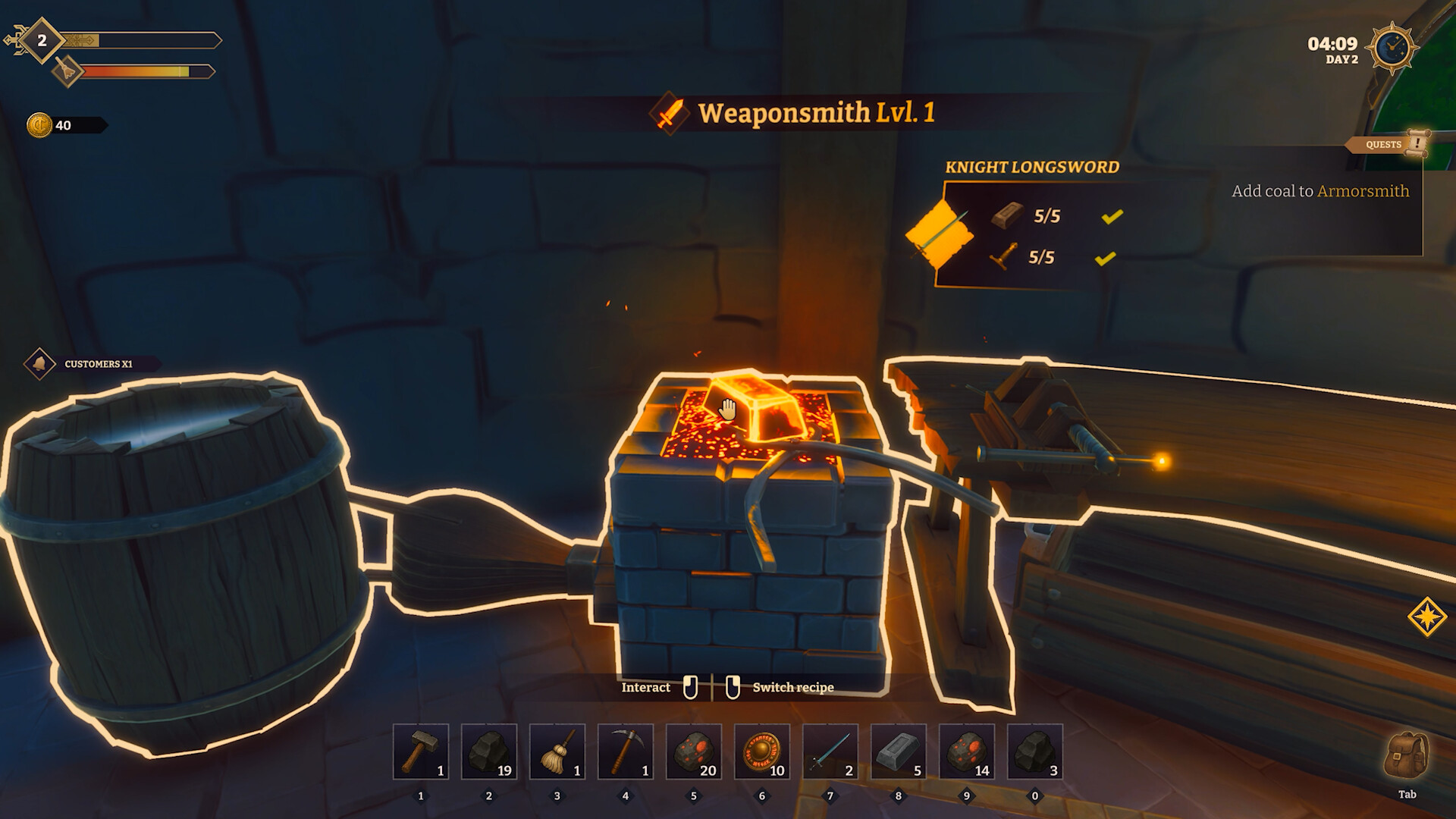 Heating metal at a weaponsmith forge