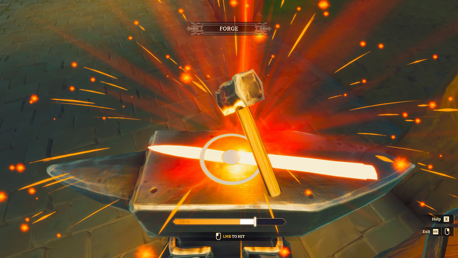 Hammering a glowing blade on an anvil as sparks fly