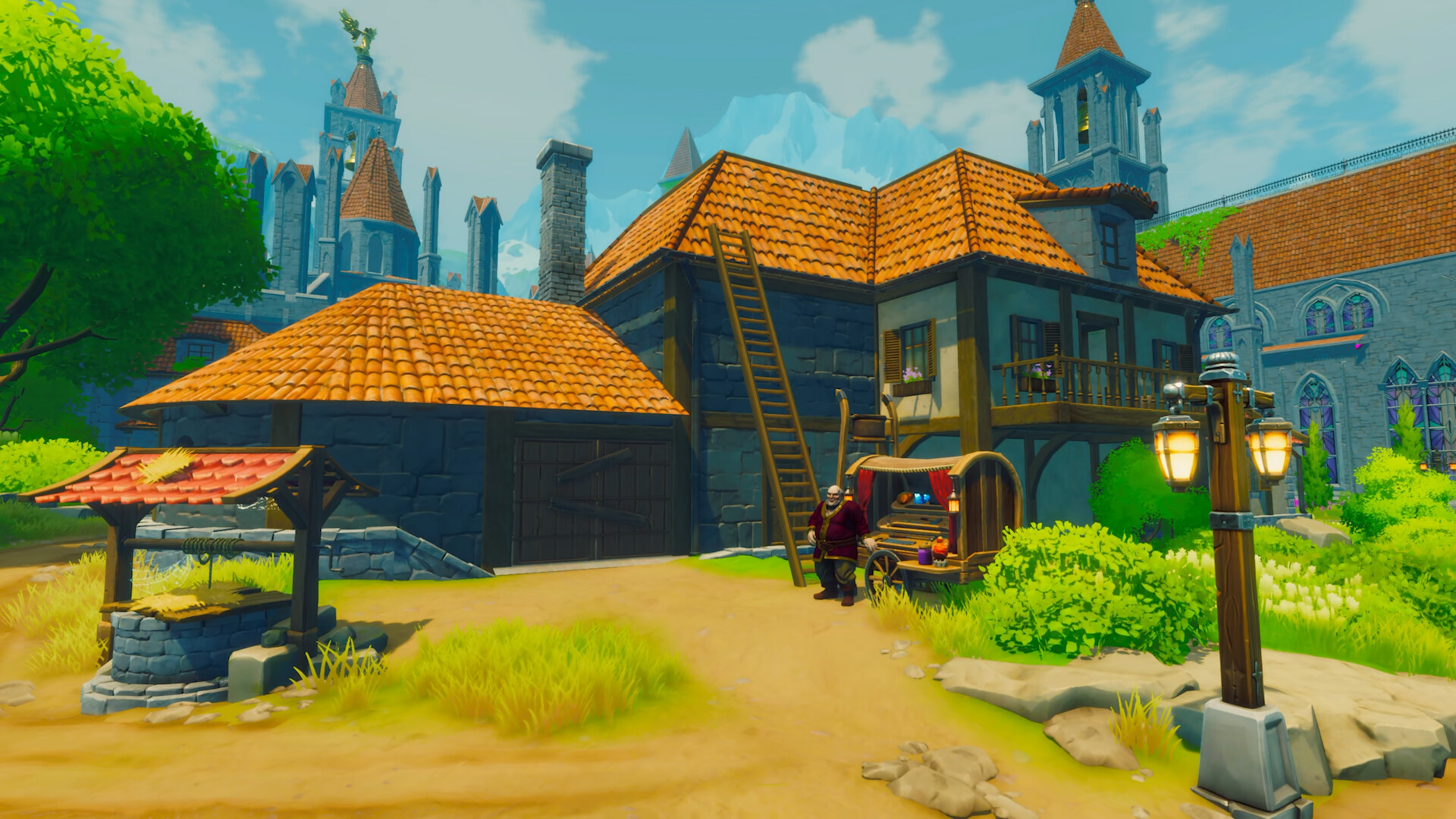 The sunlit blacksmith workshop beside a castle and a merchant cart